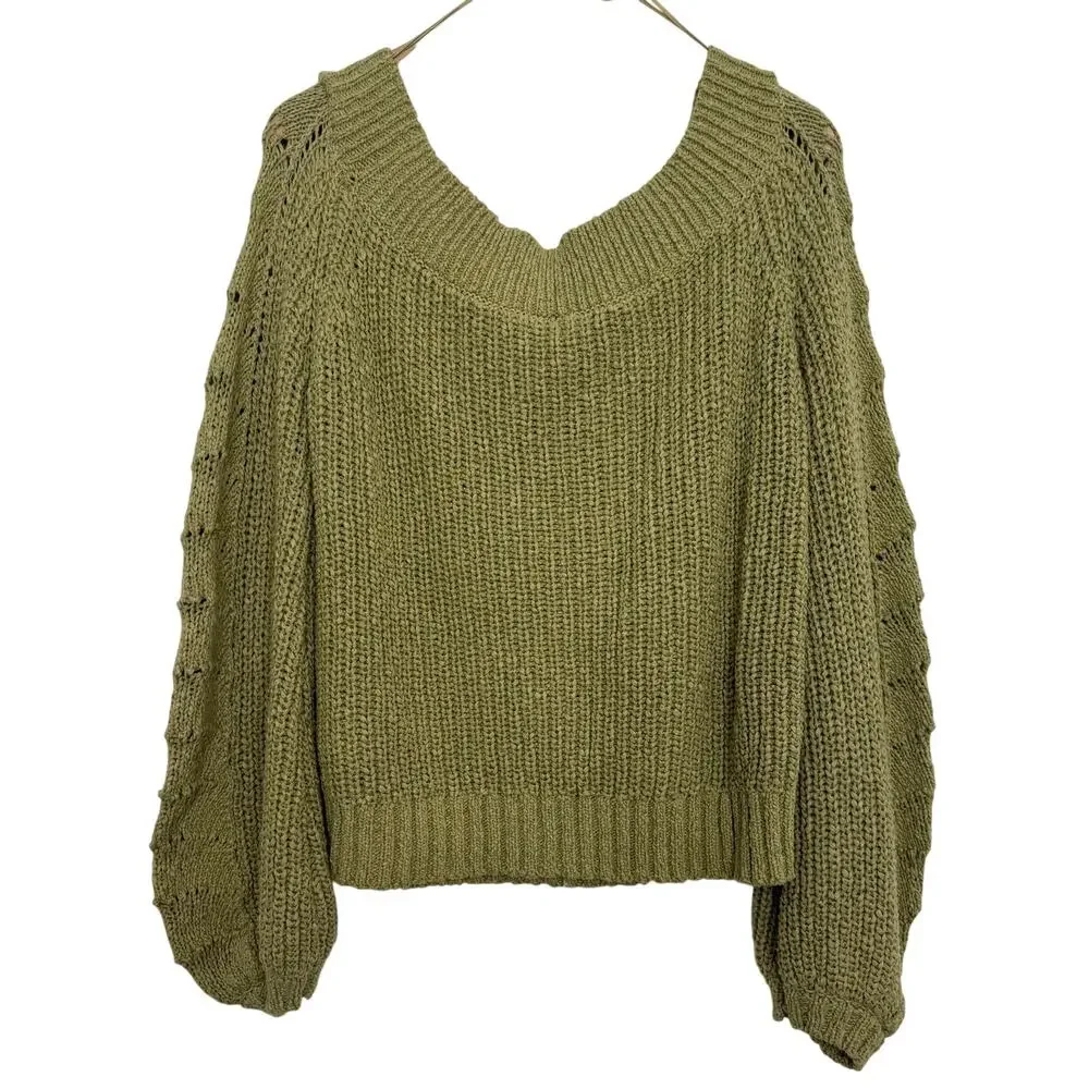 Anthropologie Pilcro Chunky Knit Balloon Sleeve Sweater Olive Green Size Large